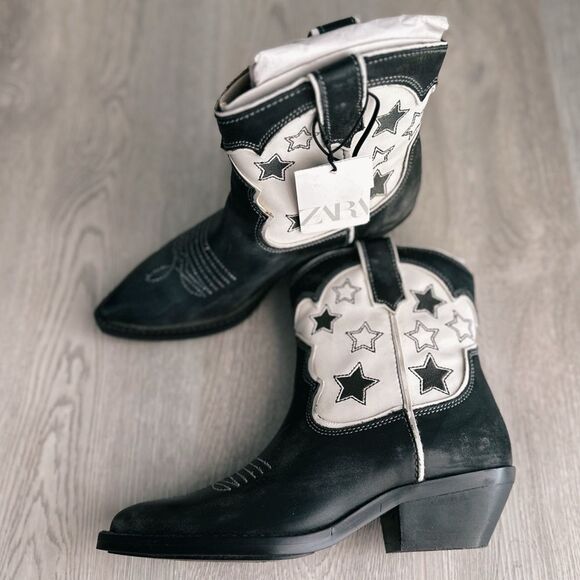 ZARA STAR LEATHER COWBOY ANKLE BOOTS - Picture 1 of 13